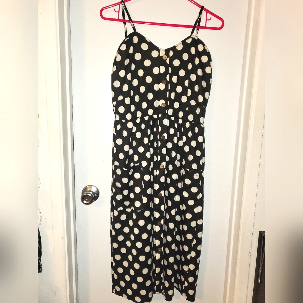 Polka Dots Dress Size Large Spaghetti Straps Sleeveless Midi with Pockets